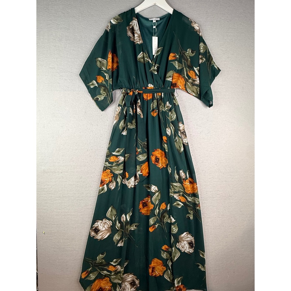 Baltic Born Kia Kimono Maxi Dress Womens XS Deep Topaz Floral Green V-Neck New - Picture 2 of 11